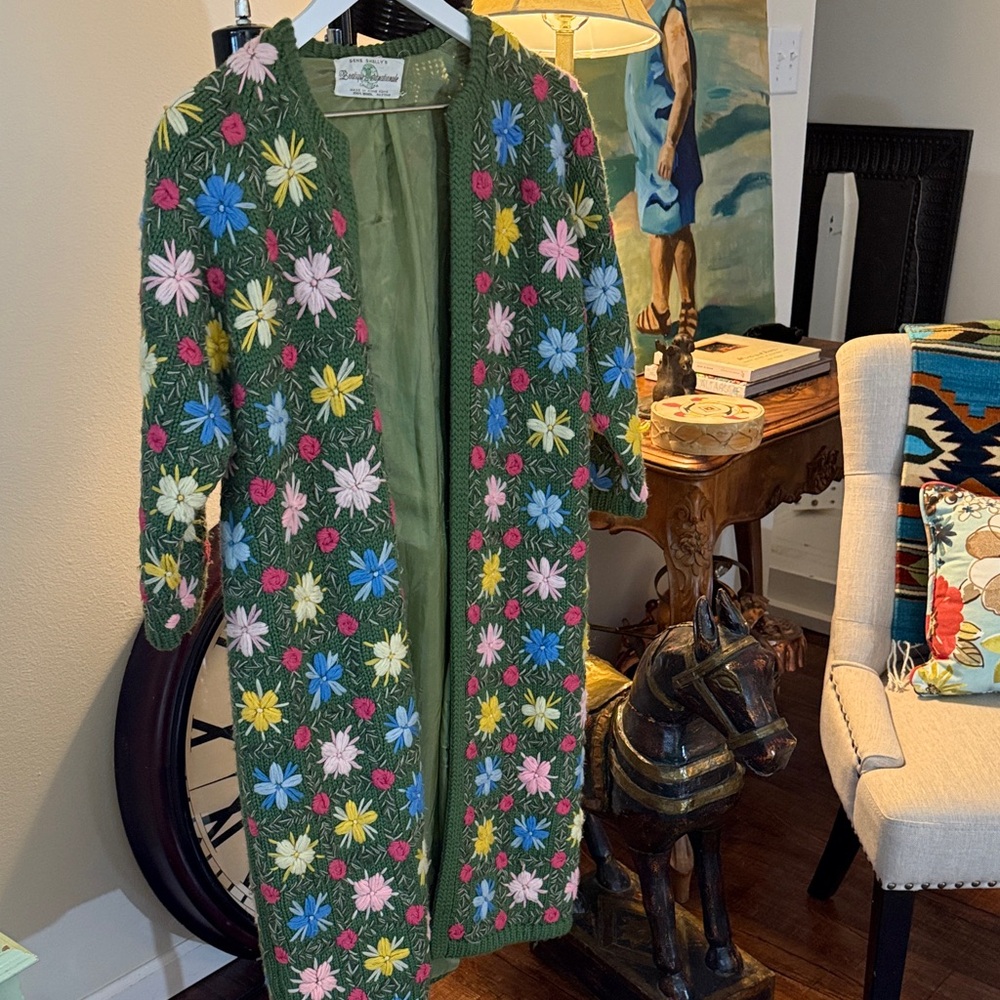 Gene Shelly’s Boutique International vintage wool long cardigan.